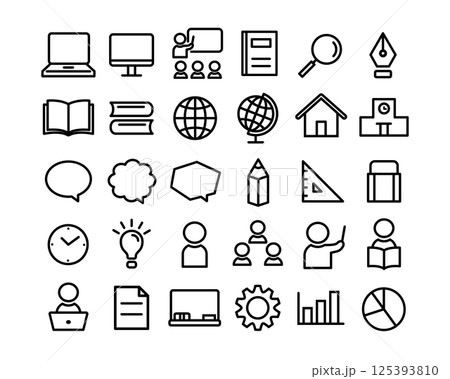学校・勉強・教室のシンプルアイコン集（線太め） 125393810