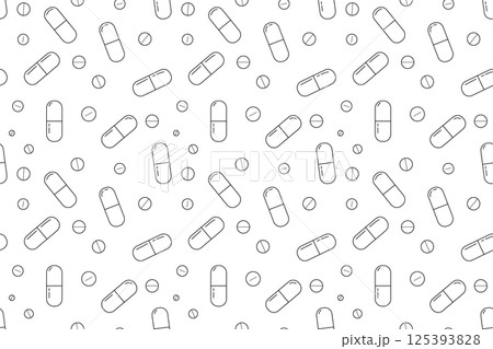 Medical pills seamless pattern. Outline pills background. Pills and capsules pattern in black and white. 125393828