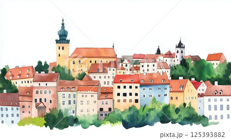 Cesky Krumlov. Cesky Krumlov hand drawn watercolor illustration 125393882