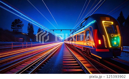 Vibrant railway scene illuminated by neon lights at night with glowing train and tracks Vibrant railway scene illuminated by neon lights at night with glowing train and tracks 125393902