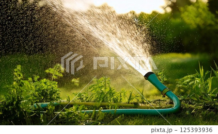Watering the garden with a hose during golden hour in a lush backyard setting Watering the garden with a hose during golden hour in a lush backyard setting 125393936