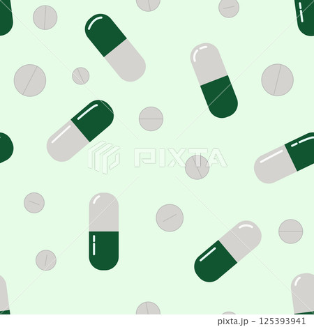 Green medical pills seamless pattern. Pills background. Pills and capsules pattern in green and white. A green medical illustration. Aseamless pattern with medical pills. Green medical pills seamless pattern. Pills background. Pills and capsules pattern in green and white. A green medical illustration. Aseamless pattern with medical pills. 125393941