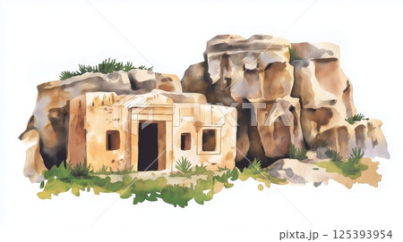 Hal Saflieni Hypogeum. Hal Saflieni Hypogeum hand drawn watercolor illustration 125393954