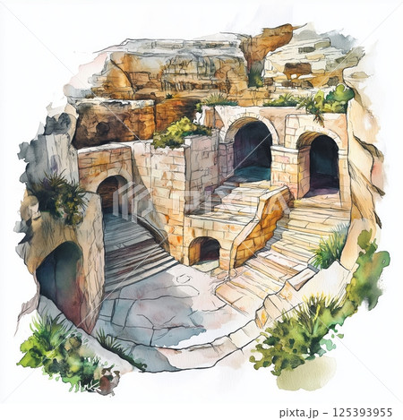 Hal Saflieni Hypogeum. Hal Saflieni Hypogeum hand drawn watercolor illustration 125393955