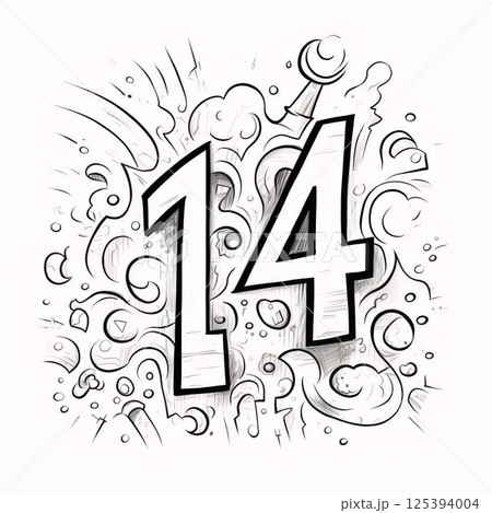 Vector illustration of number 14 in doodle style on white backgrounder 14 in comics style on a white background. Vector illustration of number 14 in doodle style on white backgrounder 14 in comics style on a white background. 125394004