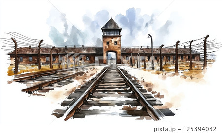 Auschwitz. Auschwitz hand drawn watercolor illustration 125394032