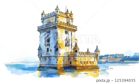 Belem Tower. Belem Tower hand drawn watercolor illustration Belem Tower. Belem Tower hand drawn watercolor illustration 125394035