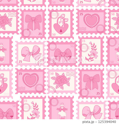 Pink Coquette Seamless Pattern. Romantic Postage Stamp with Ribbon Bow, Rose and Vintage Heart, Padlock, Magic Bottle Perfume. Girly Vibe. Vector aesthetic Background template Design for Valentine Day 125394040