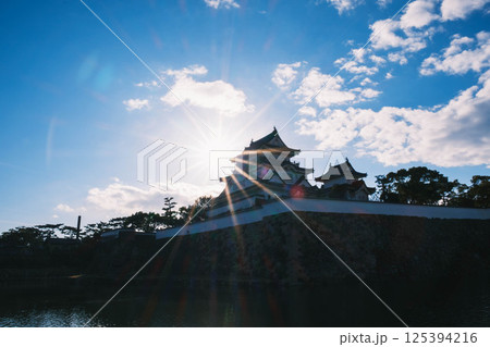 [岸和田城]太陽の眩しい光と天守閣 125394216