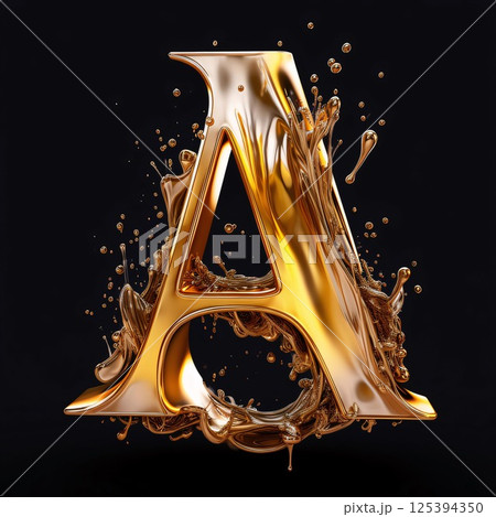 A letter in a splash of gold. 3d rendering, 3d illustration. 125394350