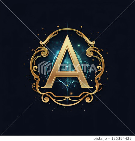 Letter A in the Gothic style. Decorative golden monogram. 125394425