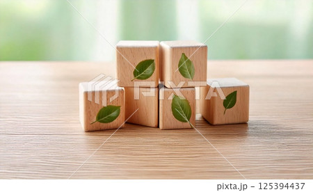 Wooden eco cubes arranged playfully for children's creative activities indoors 125394437