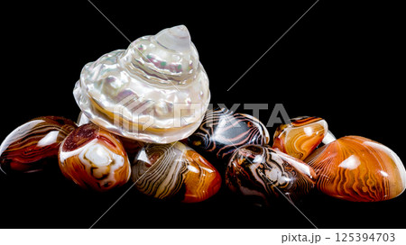 Pearlized seashell with polished agate stones Pearlized seashell with polished agate stones 125394703