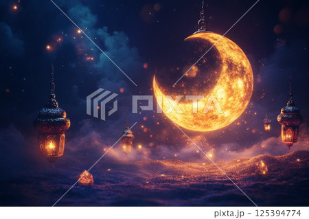Radiant Crescent Moon with Hanging Lanterns 125394774