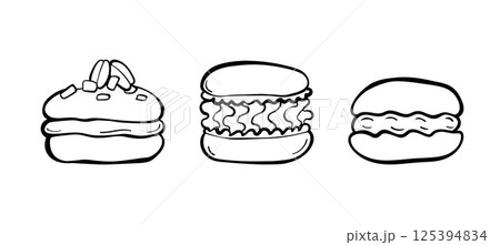Three mini macarons in different shapes. Sweet pastry. Cute minimalist doodle vector with black outline. Great for dessert packaging, cafe menus, and sweet branding. Three mini macarons in different shapes. Sweet pastry. Cute minimalist doodle vector with black outline. Great for dessert packaging, cafe menus, and sweet branding. 125394834