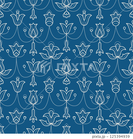 Abstract line wild flowers, bell, tulips seamless vector pattern on blue. Geometric floral white linear background minimalistic design. Abstract line wild flowers, bell, tulips seamless vector pattern on blue. Geometric floral white linear background minimalistic design. 125394939