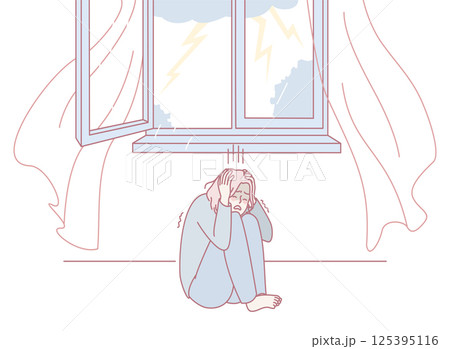 This is an illustration depicting a person who is feeling anxious and fearful during a storm 125395116