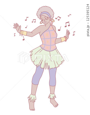 A Joyful Dancer in a Colorful Retro Outfit, Surrounded by Music Notes and Energy 125395124