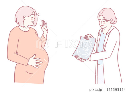 A pregnant woman and her doctor are discussing the results of an ultrasound examination 125395134