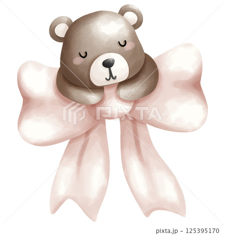 pink teddy bear with pink ribbon, cute baby shower clipart. 125395170