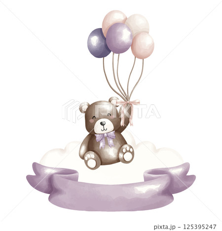 pink teddy bear with pink ribbon, cute baby shower clipart. 125395247