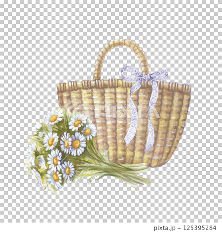 Watercolor composition with a basket and a bouquet of daisies, hand-drawn. Lace ribbon on the basket handle. Summer illustration. Picnic. Isolated. For the design of postcards, packaging, invitations. Watercolor composition with a basket and a bouquet of daisies, hand-drawn. Lace ribbon on the basket handle. Summer illustration. Picnic. Isolated. For the design of postcards, packaging, invitations. 125395284