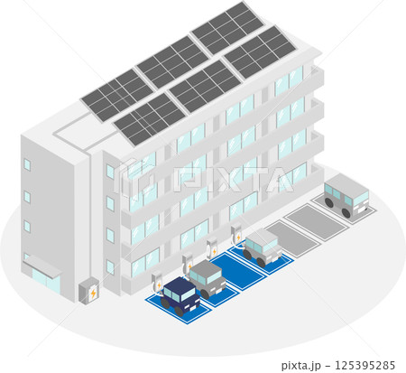 アイソメトリックな太陽光パネルと蓄電池と電気自動車充電設備があるマンションのイメージ素材 アイソメトリックな太陽光パネルと蓄電池と電気自動車充電設備があるマンションのイメージ素材 125395285