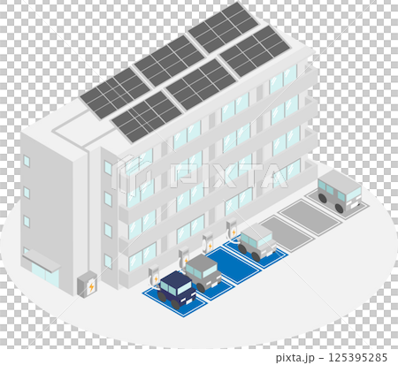 Image of an apartment building with isometric solar panels, storage batteries and electric vehicle charging facilities 125395285