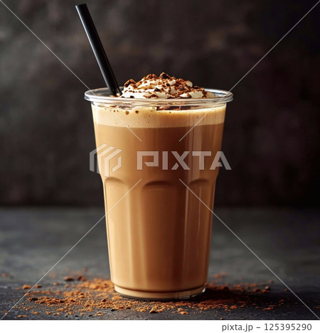 Appetizing cold coffee drink in a clear plastic cup, decorated with whipped cream and chocolate chips. Generative AI 125395290