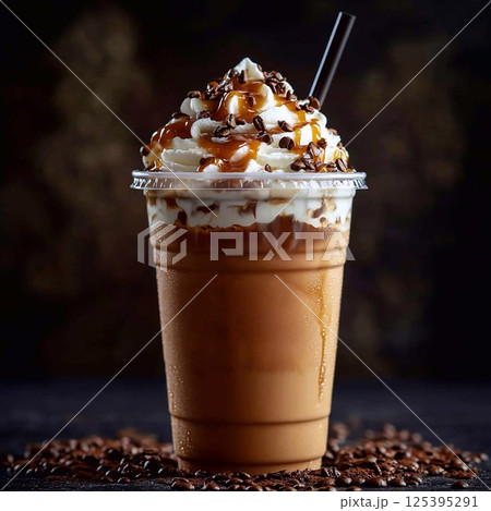 A luxurious iced coffee drink in a plastic cup, generously topped with whipped cream, caramel, and coffee beans, with a dark straw. Generative AI 125395291