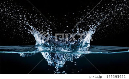 炭酸飲料や冷たい表現に使える背景　水滴が跳ねる瞬間を捉えた黒背景の高精細スプラッシュ写真 125395421