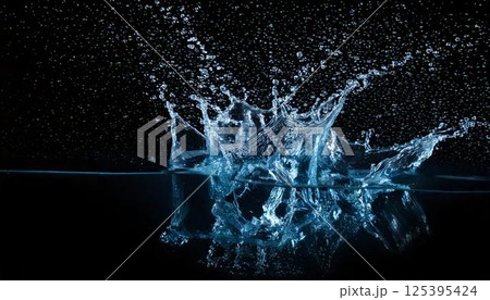 炭酸飲料や冷たい表現に使える背景　水滴が跳ねる瞬間を捉えた黒背景の高精細スプラッシュ写真 125395424