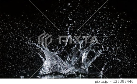 炭酸飲料や冷たい表現に使える背景　水滴が跳ねる瞬間を捉えた黒背景の高精細スプラッシュ写真 125395446