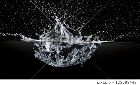 炭酸飲料や冷たい表現に使える背景　水滴が跳ねる瞬間を捉えた黒背景の高精細スプラッシュ写真 125395448