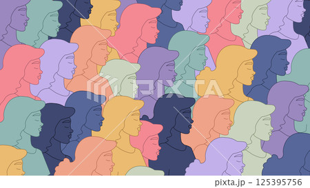 Women silhouettes in different colors. Rainbow color women row. Women diversity and confidence concept. Women background. Women's power. 125395756