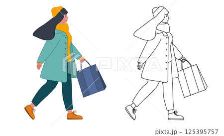 A shopping girl. An illustration of a stylish woman with a shopping bag. A colorful woman going shopping. An outline illustration of a woman doing shopping. Fashion and style. 125395757