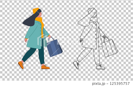 A shopping girl. An illustration of a stylish woman with a shopping bag. A colorful woman going shopping. An outline illustration of a woman doing shopping. Fashion and style. 125395757