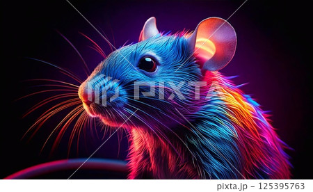 Vibrant neon rat glows against a dark background in an artistic display Vibrant neon rat glows against a dark background in an artistic display 125395763