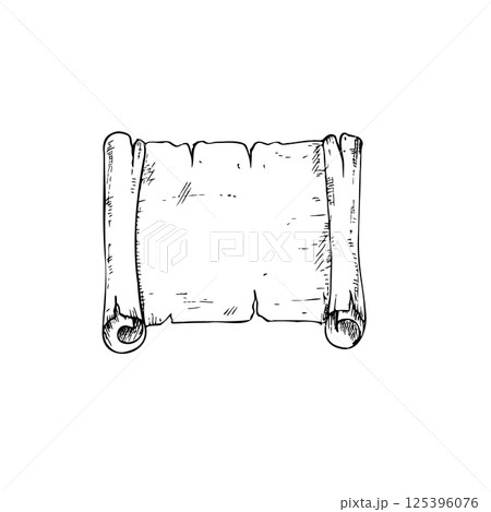 Vector old scroll paper. Hand painted linear parchment illustration. Graphic monochrome sketch isolated on background. For designers, prints, logo, icon, menu, postcards, holiday, covers 125396076