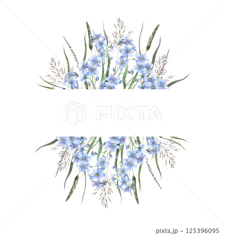 Green grass, dried wild flowers and blue beautiful forget-me-nots. Elegant botanical frame on a spring theme with space for text. For branding and packaging, flower shops and weddings, eco-products. 125396095