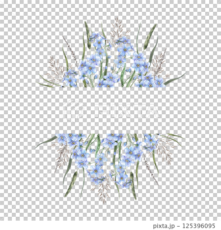 Green grass, dried wild flowers and blue beautiful forget-me-nots. Elegant botanical frame on a spring theme with space for text. For branding and packaging, flower shops and weddings, eco-products. 125396095