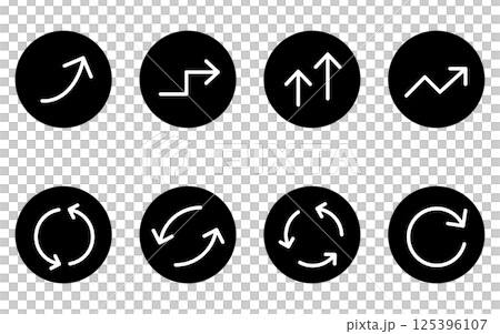 一組可愛的簡單箭頭圖標，黑白、增長和重複（圓形按鈕類型） 125396107
