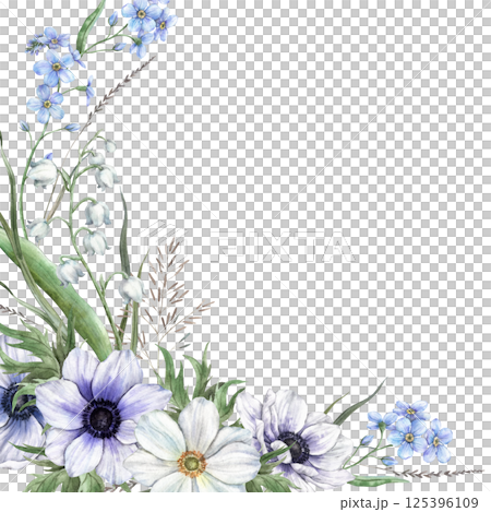 Floral frame of forget-me-nots, lilies of the valley, anemones, different wild grasses and flowers. Watercolor illustration with space for text, for eco-branding, wedding design, botanical projects. Floral frame of forget-me-nots, lilies of the valley, anemones, different wild grasses and flowers. Watercolor illustration with space for text, for eco-branding, wedding design, botanical projects. 125396109