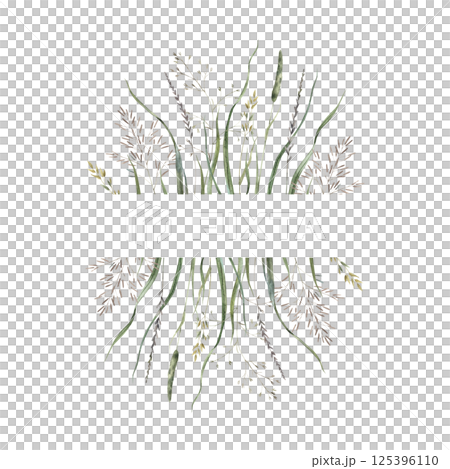 Frame of various wild herbs and dried wild flowers. Watercolor illustration painted in natural tones. Suitable for eco-branding, packaging, greeting cards, wedding design and botanical prints. 125396110