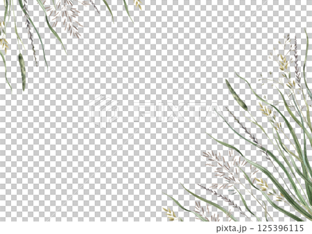 Various blades of grass and flowers in natural shades. Watercolor rectangular illustration with space for text. Suitable for eco-branding, packaging, greeting cards, wedding design, botanical prints. Various blades of grass and flowers in natural shades. Watercolor rectangular illustration with space for text. Suitable for eco-branding, packaging, greeting cards, wedding design, botanical prints. 125396115