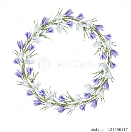 White and purple crocuses with green leaves in realistic style. Botanical watercolor round wreath for spring designs, wedding invitations, greeting cards, branding, packaging, textile patterns. White and purple crocuses with green leaves in realistic style. Botanical watercolor round wreath for spring designs, wedding invitations, greeting cards, branding, packaging, textile patterns. 125396117