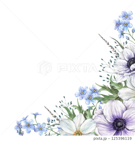 Floral frame of forget-me-nots, anemones, various wild grasses and flowers. Watercolor botanical illustration with space for text suitable for eco-branding, cards, wedding design, botanical projects. Floral frame of forget-me-nots, anemones, various wild grasses and flowers. Watercolor botanical illustration with space for text suitable for eco-branding, cards, wedding design, botanical projects. 125396119