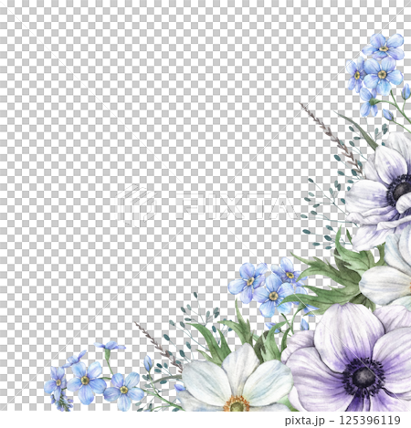 Floral frame of forget-me-nots, anemones, various wild grasses and flowers. Watercolor botanical illustration with space for text suitable for eco-branding, cards, wedding design, botanical projects. Floral frame of forget-me-nots, anemones, various wild grasses and flowers. Watercolor botanical illustration with space for text suitable for eco-branding, cards, wedding design, botanical projects. 125396119