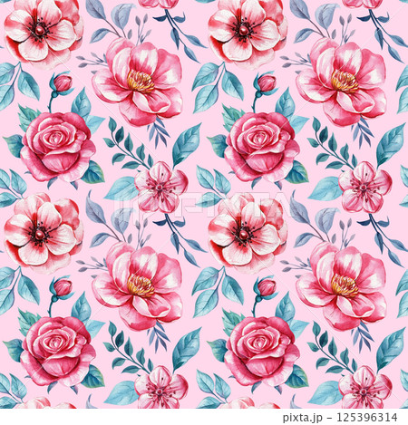 Watercolor seamless pattern with vibrant pink flowers and green leaves for design. Floral background for elegant design Watercolor seamless pattern with vibrant pink flowers and green leaves for design. Floral background for elegant design 125396314
