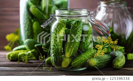 Fresh cucumbers preserved in a jar ready for pickling or light salad preparation 125396338